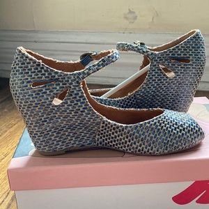 Jeffrey Campbell fabric woven open toed mary janes wedge